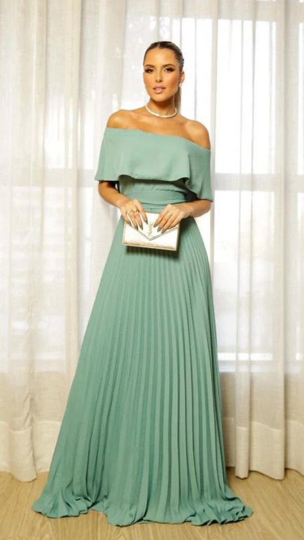 Vestido Longo Ombro À Ombro Mangas Curtas Michelly Com Cinto Faixa