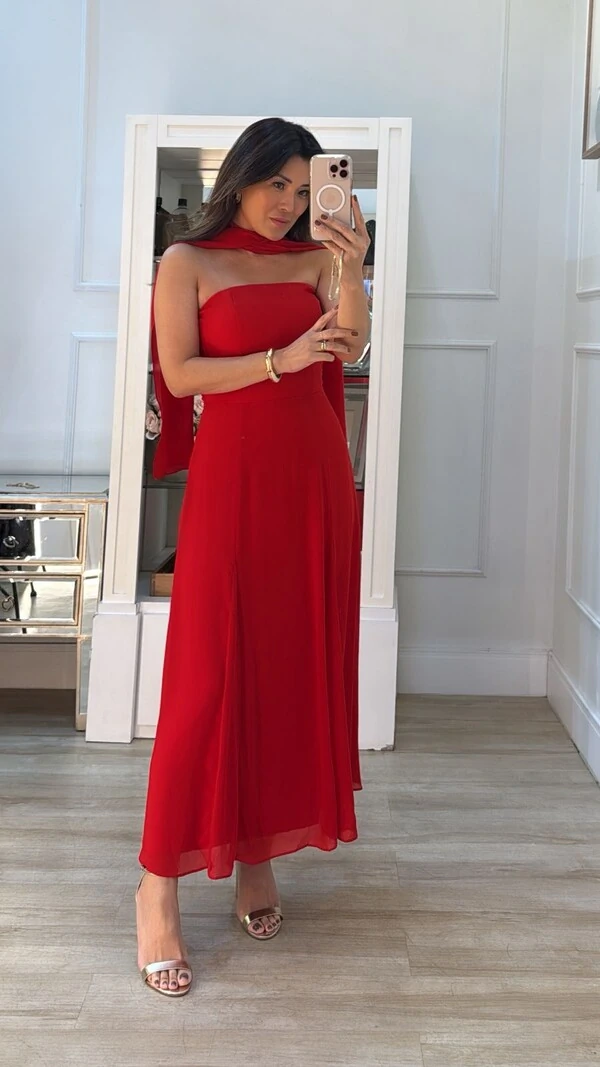 Vestido Midi Chiffon Tomara Que Caia Gisele Detalhe Lateral