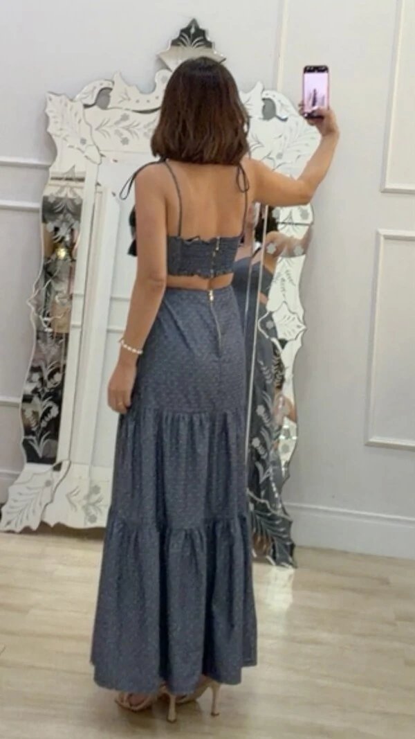 Vestido Midi Poá Bordado Sandy Com Amarração Nos Ombros