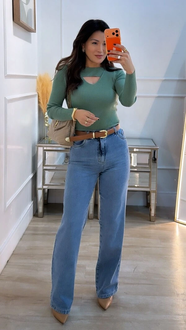 Blusa Tricot Canelado Joyce Recorte Vazado Em V No Busto
