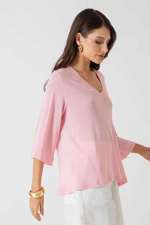 Blusa Ampla Decote V Thayna Mangas 7/8 Evasê
