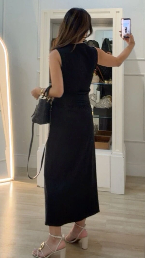 Vestido Longo Malha Decote V Marcela Cinto Faixa Fixo Com Amarração