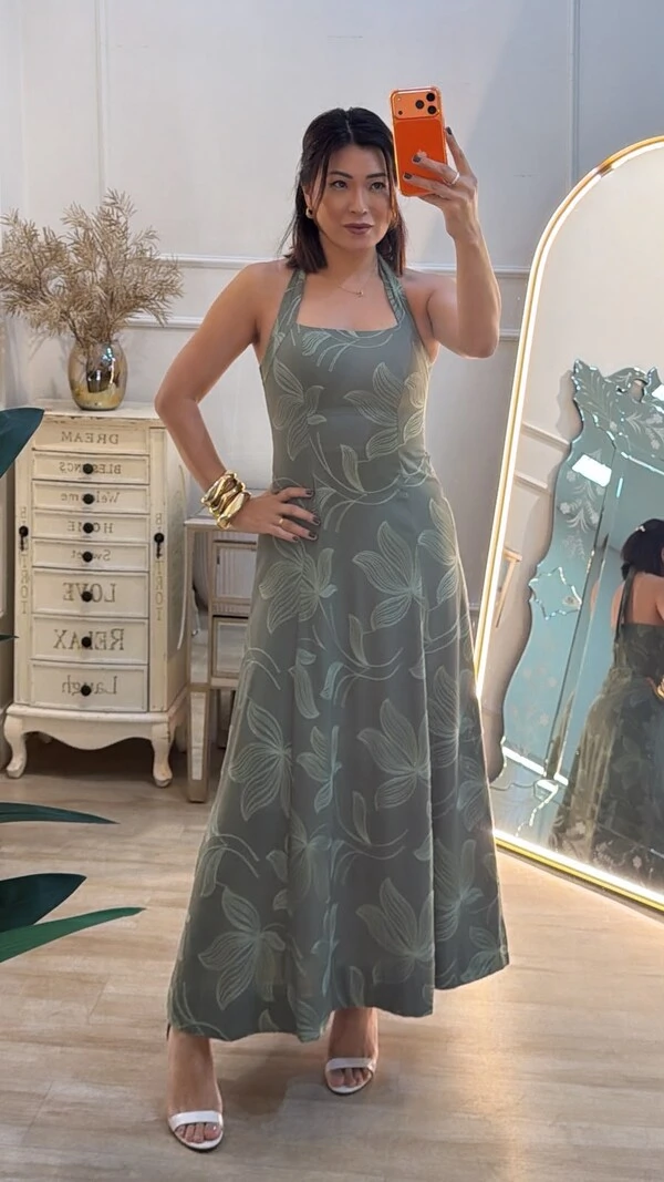 Vestido Midi Bordado Frente Única Marcia Amarração Posterior