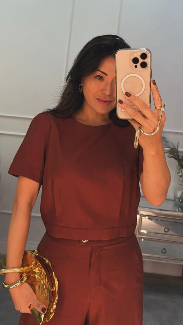 Blusa Cropped Twill Mangas Princesa Barbara Pregas No Barrado