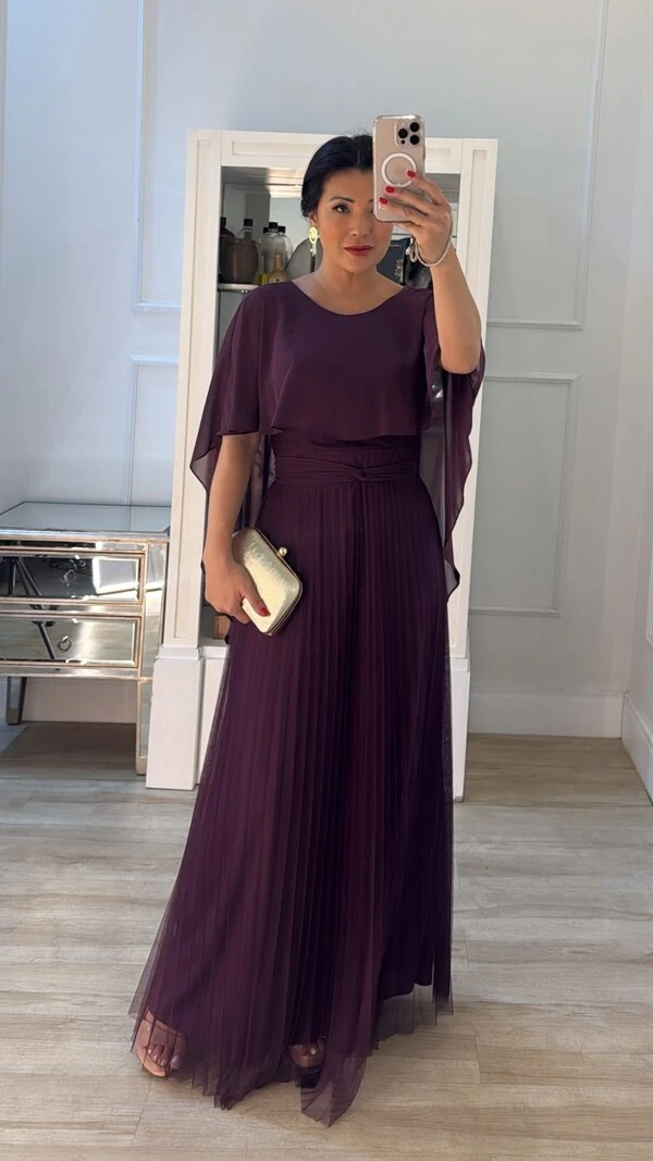 Vestido Longo Mangas Em Echarpe Vivi Saia Plissada Em Tule