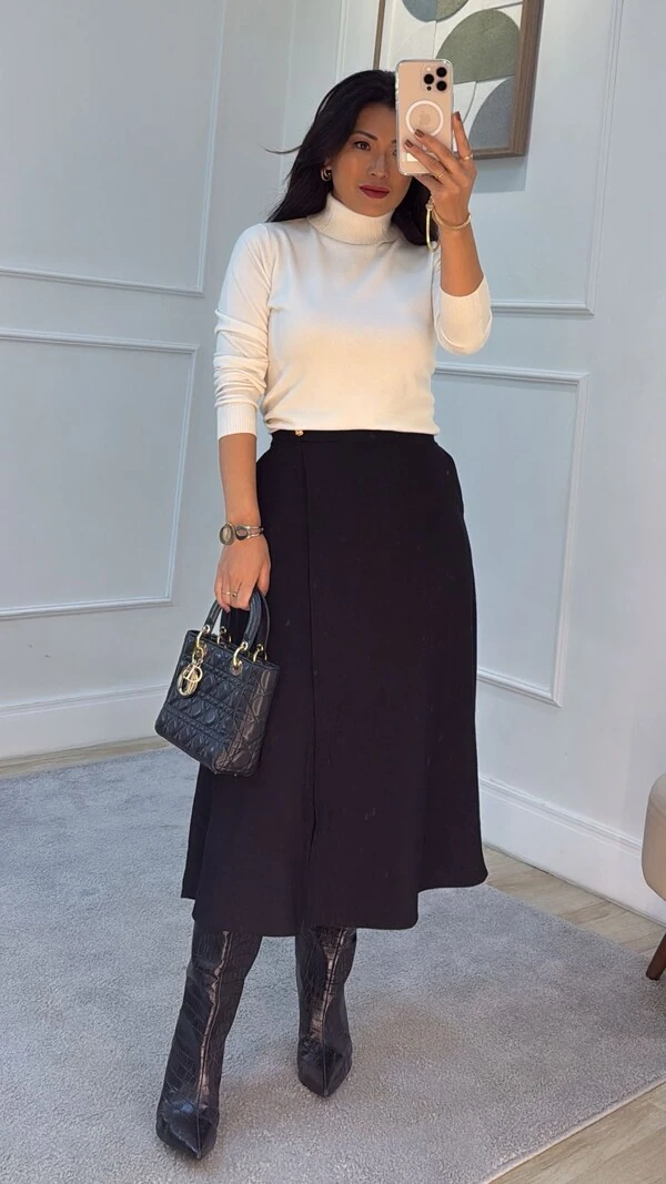 Saia Midi Twill Detalhe Pespontado Barbara Botão Dourado