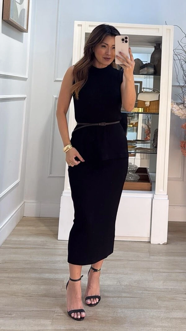 Conjunto Canelado Blusa Gola Alta E Saia Midi Suellen Cinto Fino Couro Eco