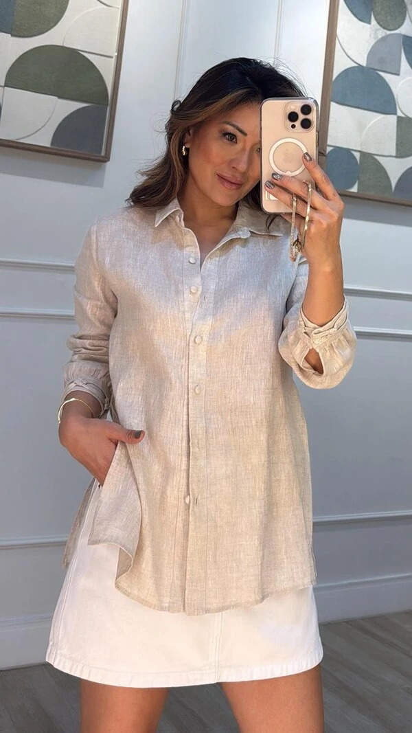 Camisa Linho Com Punhos Trançados E Fendas Laterais