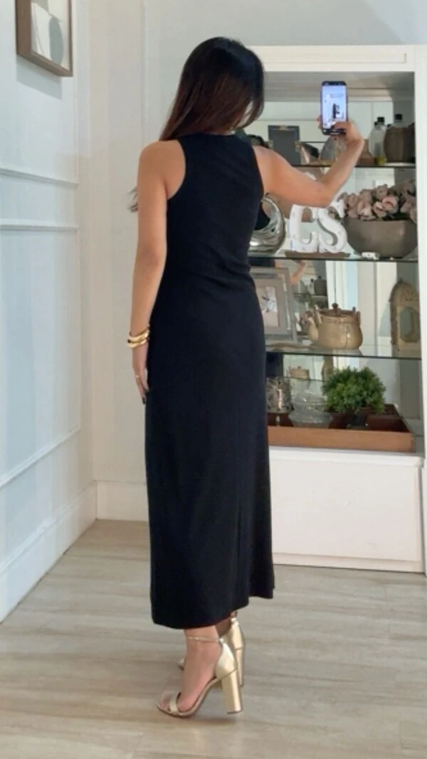 Vestido Midi Cavado Canelado Pamela Detalhe Drapeado