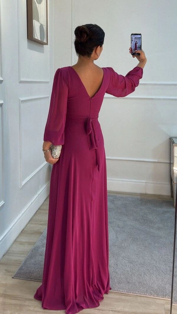 Vestido Longo Decote V Transpassado Sophia Fenda Frontal Com Cinto Faixa