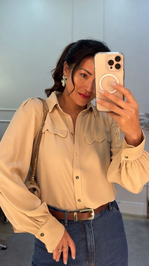 Camisa Crepe Belle Lapela Em Nuvem