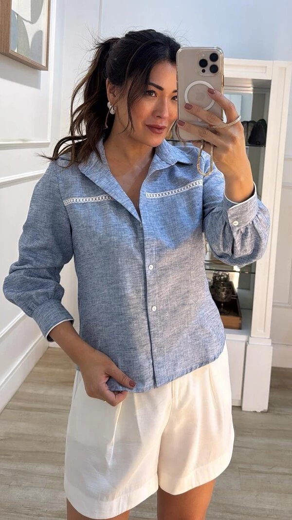 Camisa Mesclada Erika Detalhe Frontal Renda Vazada