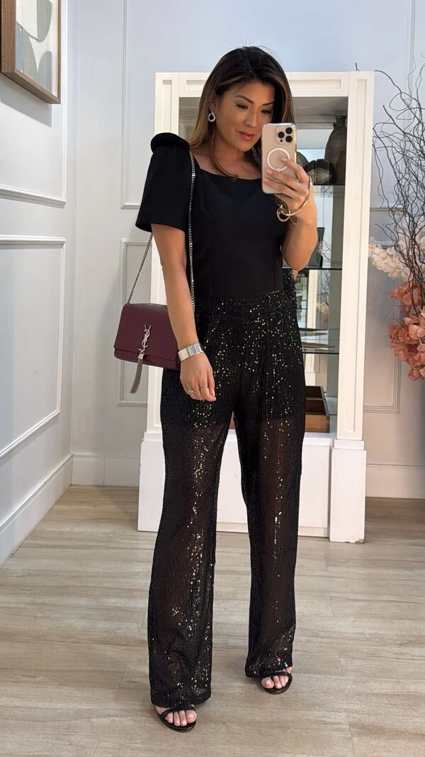 Calça Pantalona Paetê Cindy Pala Larga