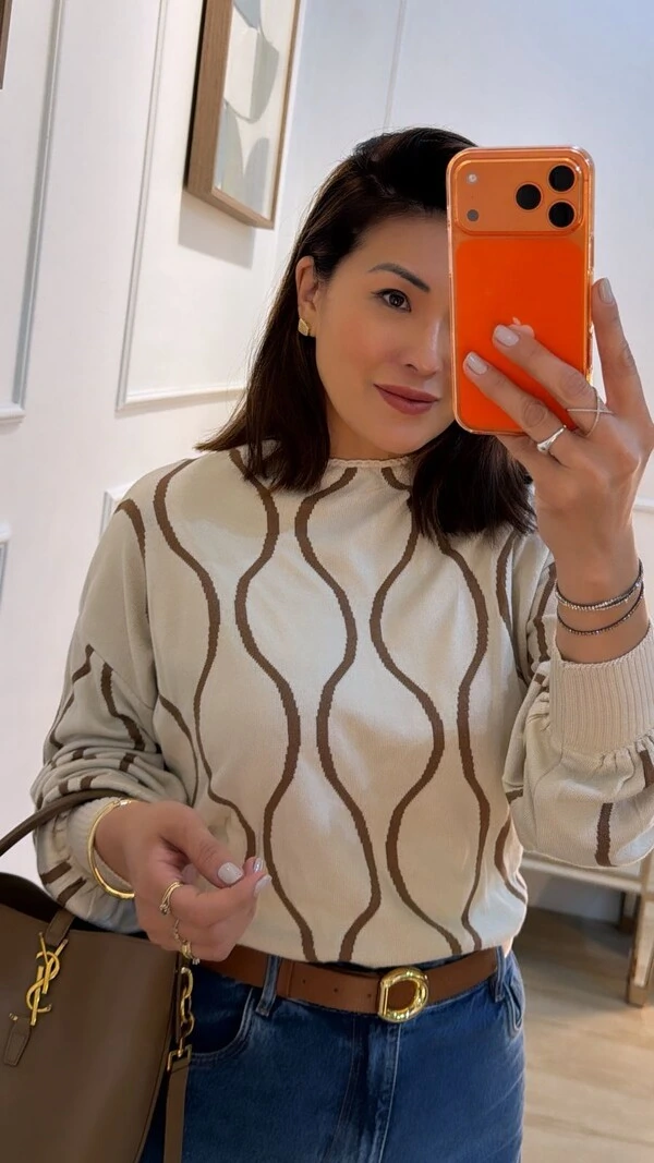 Blusa Tricot Bicolor Simaria Nervuras Onduladas