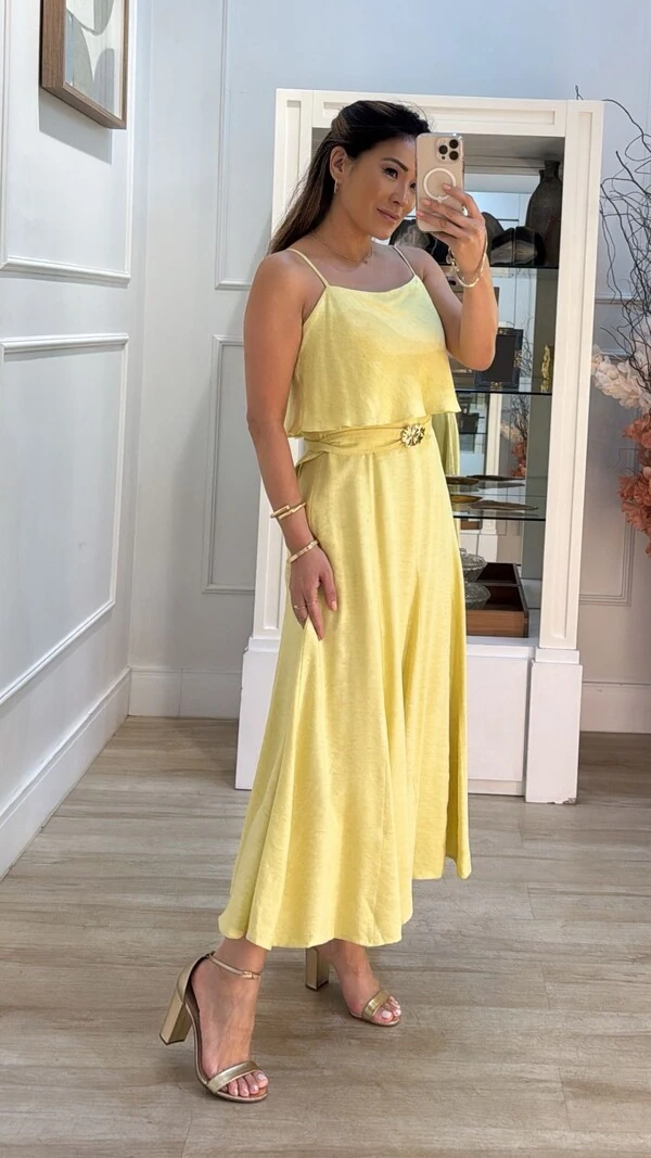 Vestido Midi Mescla Evasê Antonella Cinto Faixa Fivela Flores Duplas Douradas