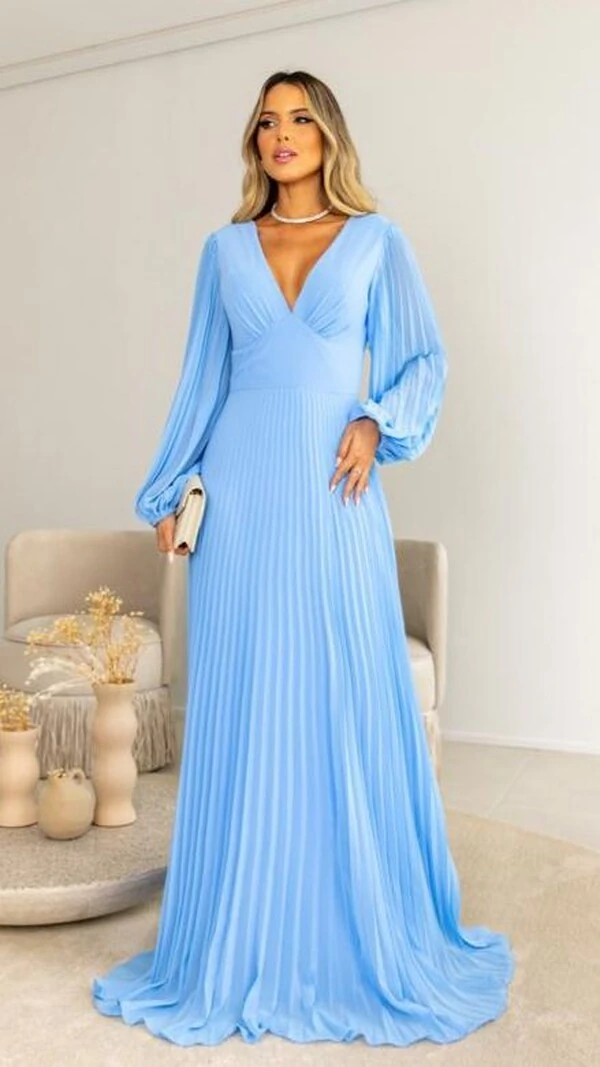 Vestido Longo Plissado Decote V Frontal E Posterior Kimberly Mangas Longas Bufantes