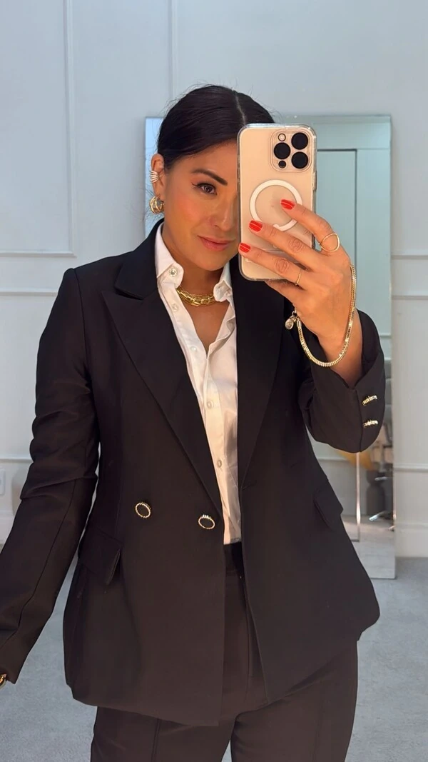 Blazer Alfaiataria Botões Duplos Forrados Com Detalhe Dourado