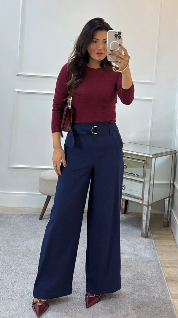 Calça Pantalona Brenda Cinto Faixa Fivela Dupla Dourada