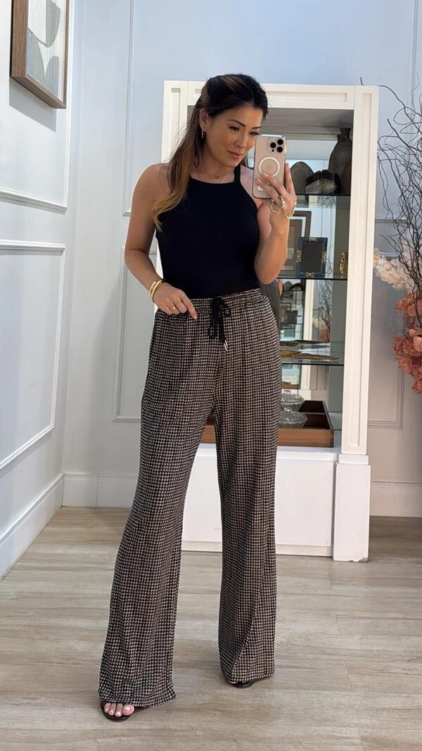 Calça Pied Poule Cinthia Pala Larga Com Amarração Frontal