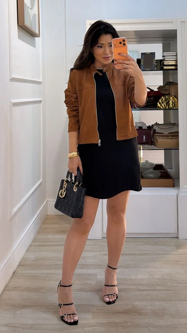 Jaqueta Suede Gola Alta Amora Botões E Zíper Prata