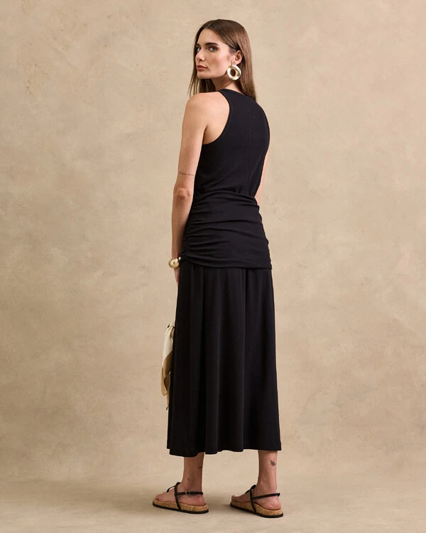 Vestido Midi Cavado Canelado Pamela Detalhe Drapeado