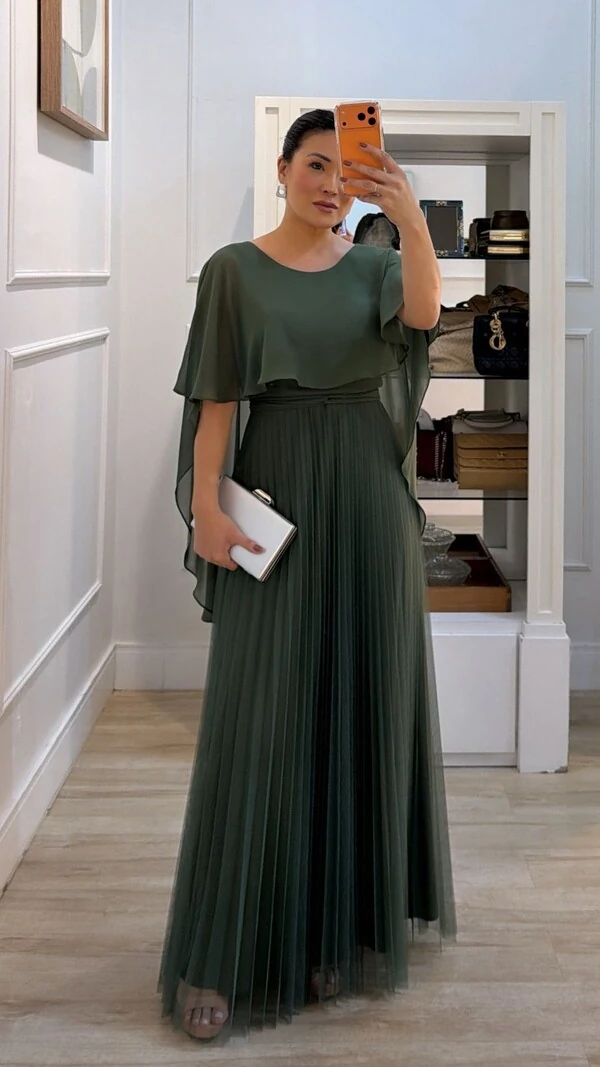 Vestido Longo Mangas Em Echarpe Vivi Saia Plissada Em Tule