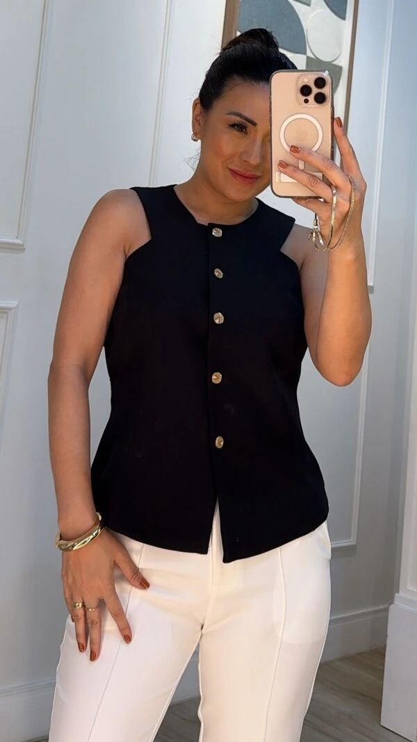 Colete Alfaiataria Cavado Yandra Recorte Vazado Triangular Posterior E Cinto Faixa Pespontada