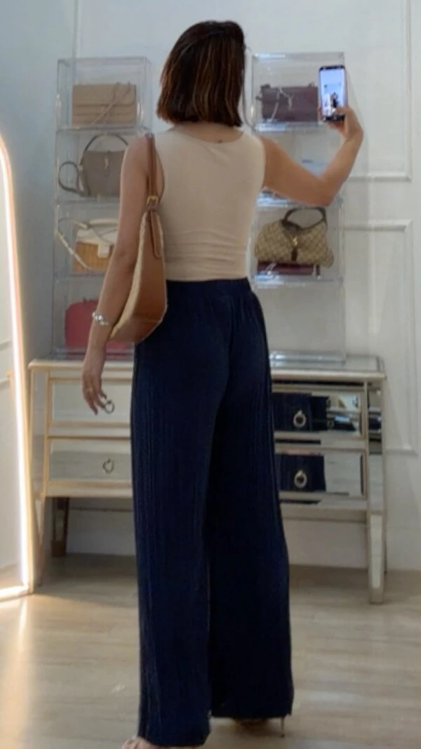 Calça Pantalona Plissada Serena Pala Larga Com Elástico