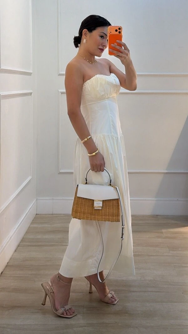 Vestido Midi Tricoline Tomara Que Caia Amora Bolsos Frontais