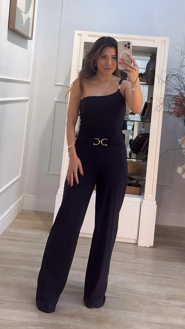 Macacão Longo Pantalona Alça Única Lady Cinto Fixo Fivela Dourada