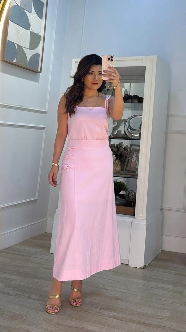 Saia Midi Caroline Tripla Corda Detalhada Lateral