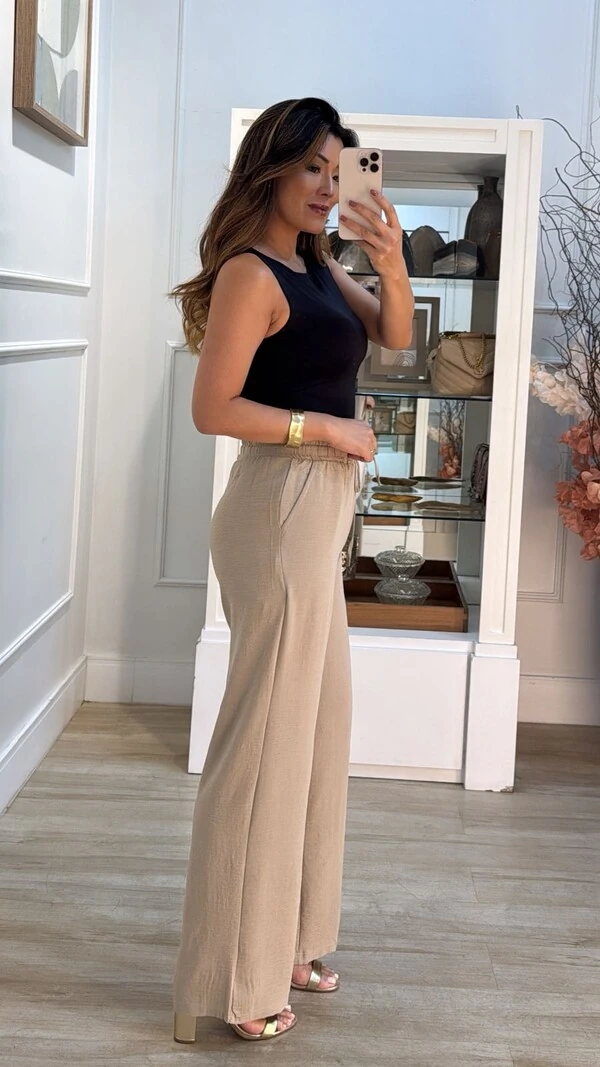 Calça Pantalona Pala Larga Franzida Com Amarração Luiza Bolsos Frontais