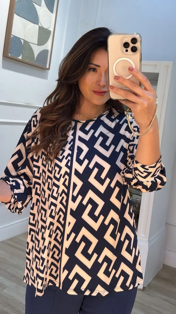 Blusa Ampla Malha Fria Estampada Safira Mangas 7/8 Bufantes