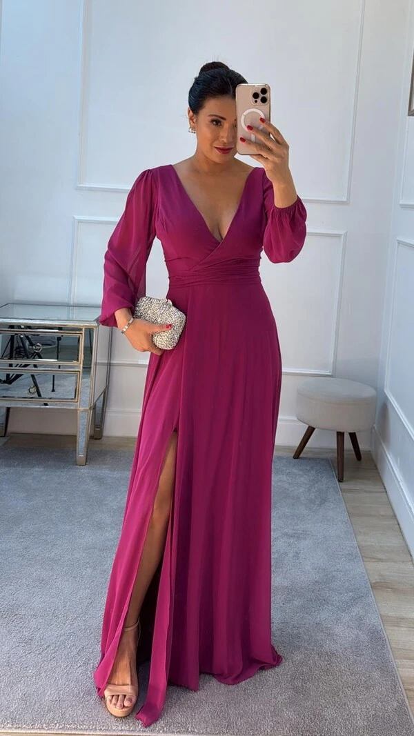 Vestido Longo Decote V Transpassado Sophia Fenda Frontal Com Cinto Faixa