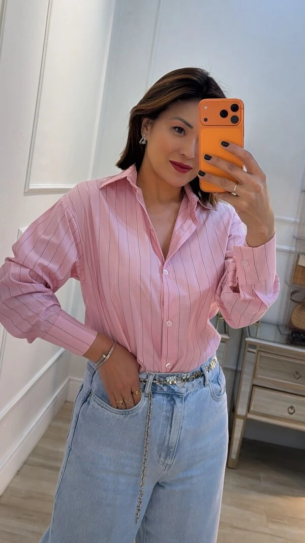 Camisa Risca De Giz Bruna Punhos Largos