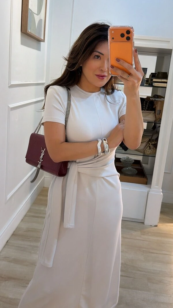 Vestido Midi Malha Aysha Cinto Faixa Fixo Com Amarração