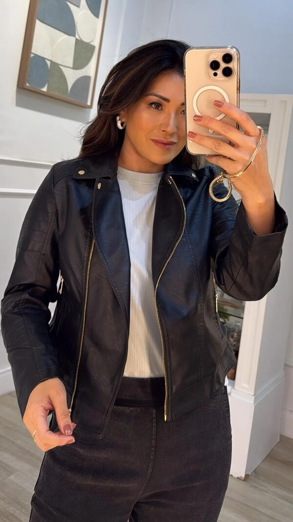 Jaqueta Couro Eco Zíper Dourado Milena Gola Com Detalhe Dourado