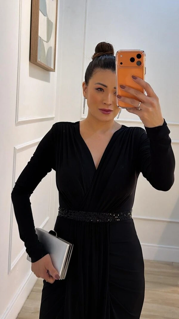 Vestido Longo Mangas Longas Jamile Cinto De Paetê