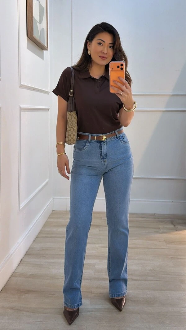 Camisa Polo Texturizada Gabriela Mangas Detalhe Dobrado