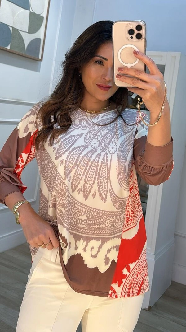 Blusa Estampada Malha Fria Elania Mangas Longas