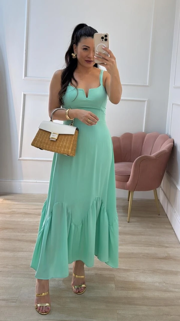 Vestido Longo Crepe Recorte V Daiana Barrado Assimétrico