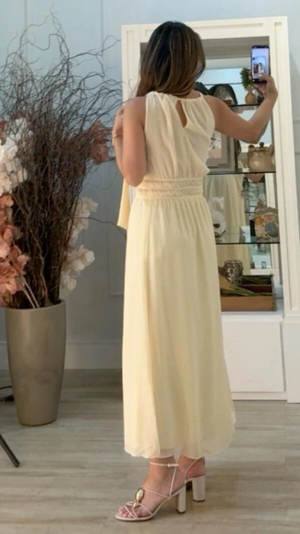 Vestido Midi Chiffon Isis Lástex Largo Na Cintura