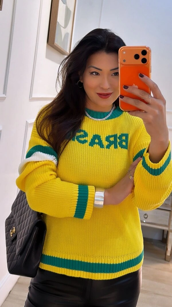 Blusa De Tricot Brasil Paloma Mangas Longas Com Faixa Bicolor