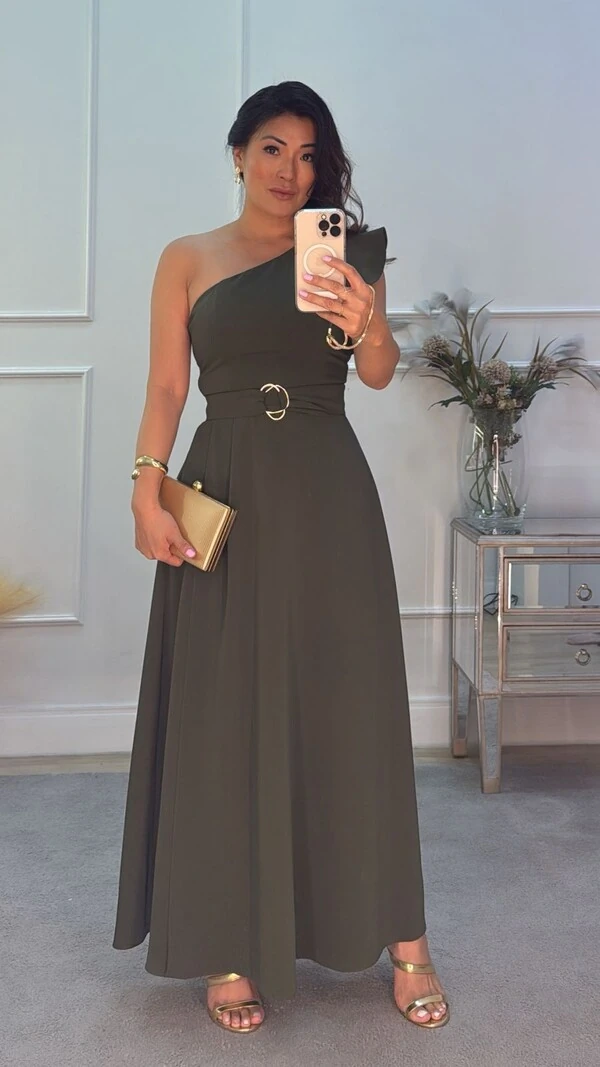 Vestido Longo Alba Ombro Único E Cinto Faixa Com Fivela Dupla