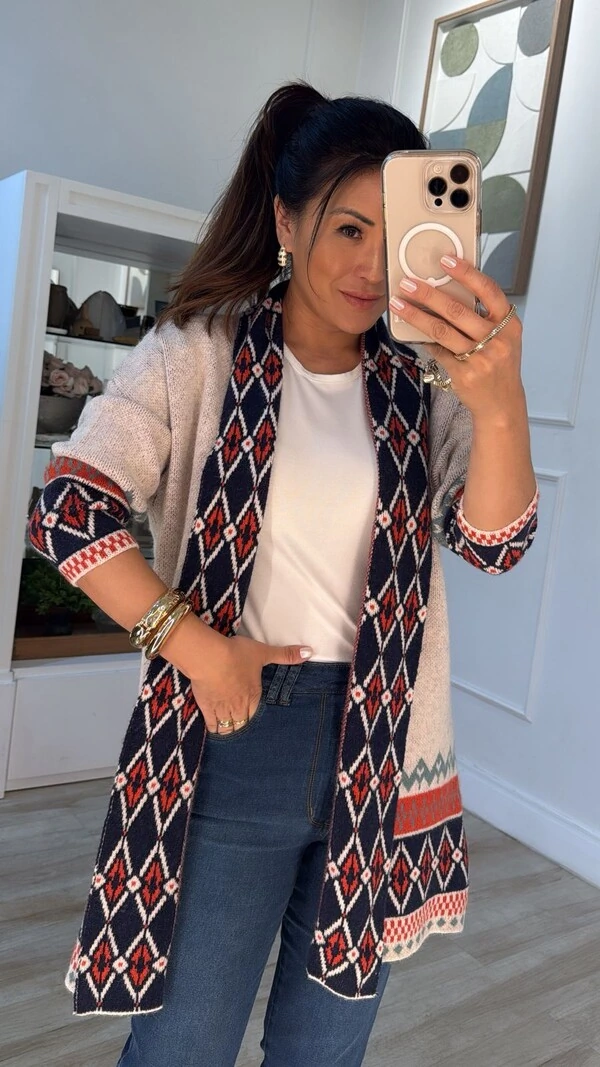 Maxi Cardigan Pillar Com Detalhes Estampados