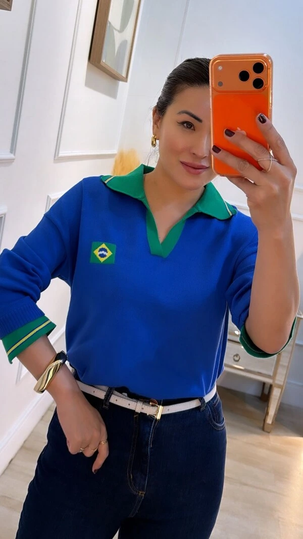 Blusa Tricot Brasil Gola Polo Fernanda Mangas Longas