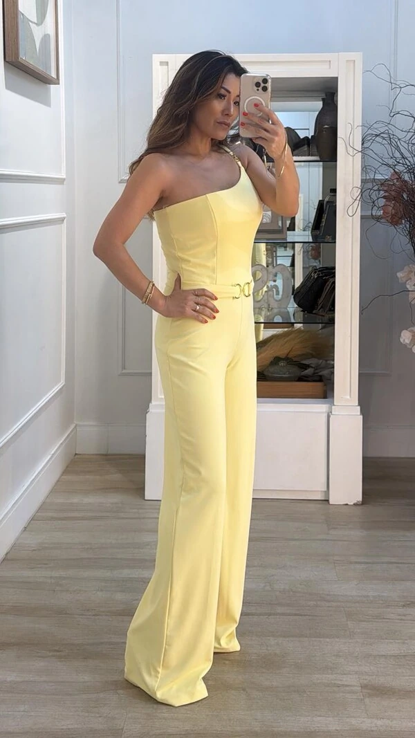 Macacão Longo Pantalona Alça Única Lady Cinto Fixo Fivela Dourada