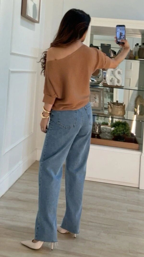 Blusa Tricot Amplo Canelados Horizontais Heloize Mangas 3/4 Com Punhos