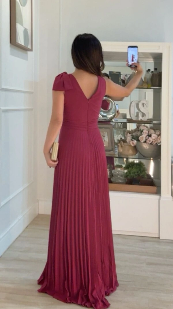 Vestido Longo Plissado Tereza Laço No Ombro