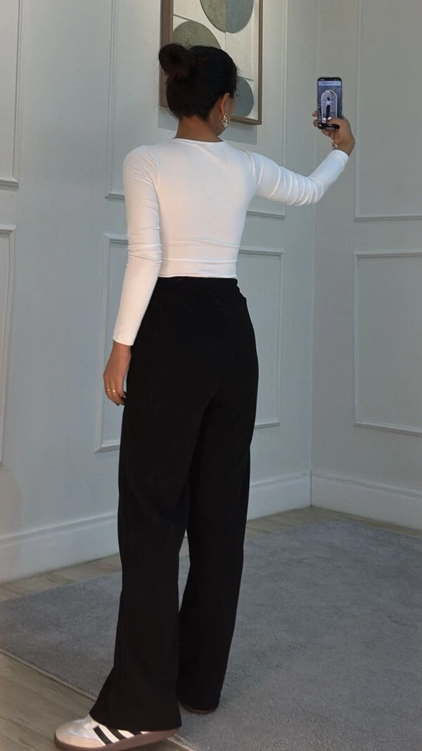 Calça Pantalona Milla Moletom Canelado Bolsos Quadrados Frontais